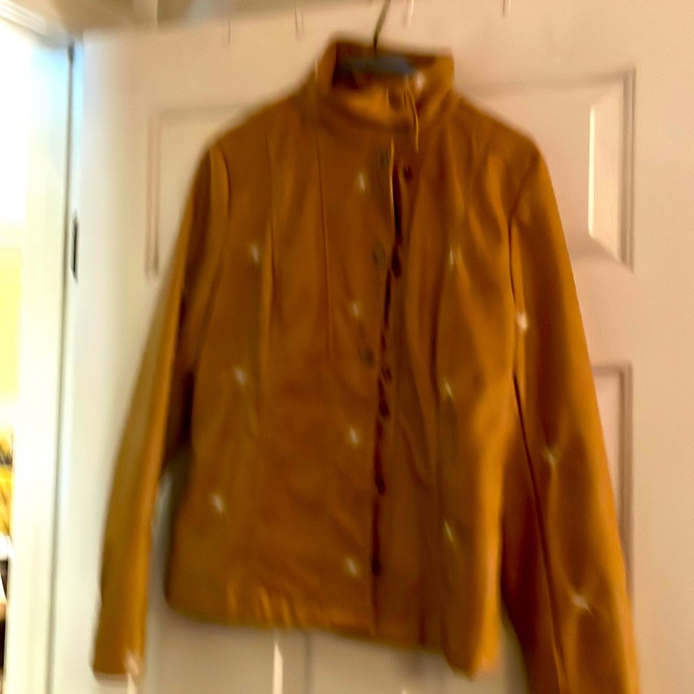 Vegan leather jacket. Medium. Butterscotch with floral embroidery.  Snap closure